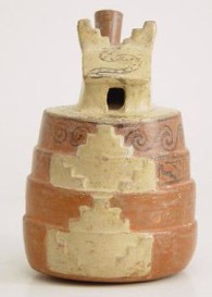 ML002904a-MNC EI-Bottle neck asa sculptural stirrup representing structure with roof to two waters with decoration of stepped and of snake, on circular pyramidal structure